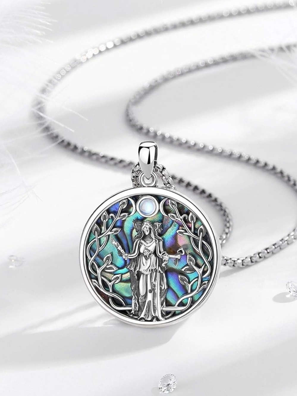 Silver Abalone Triple Moon Goddess Pendant Necklace - Women Jewelry